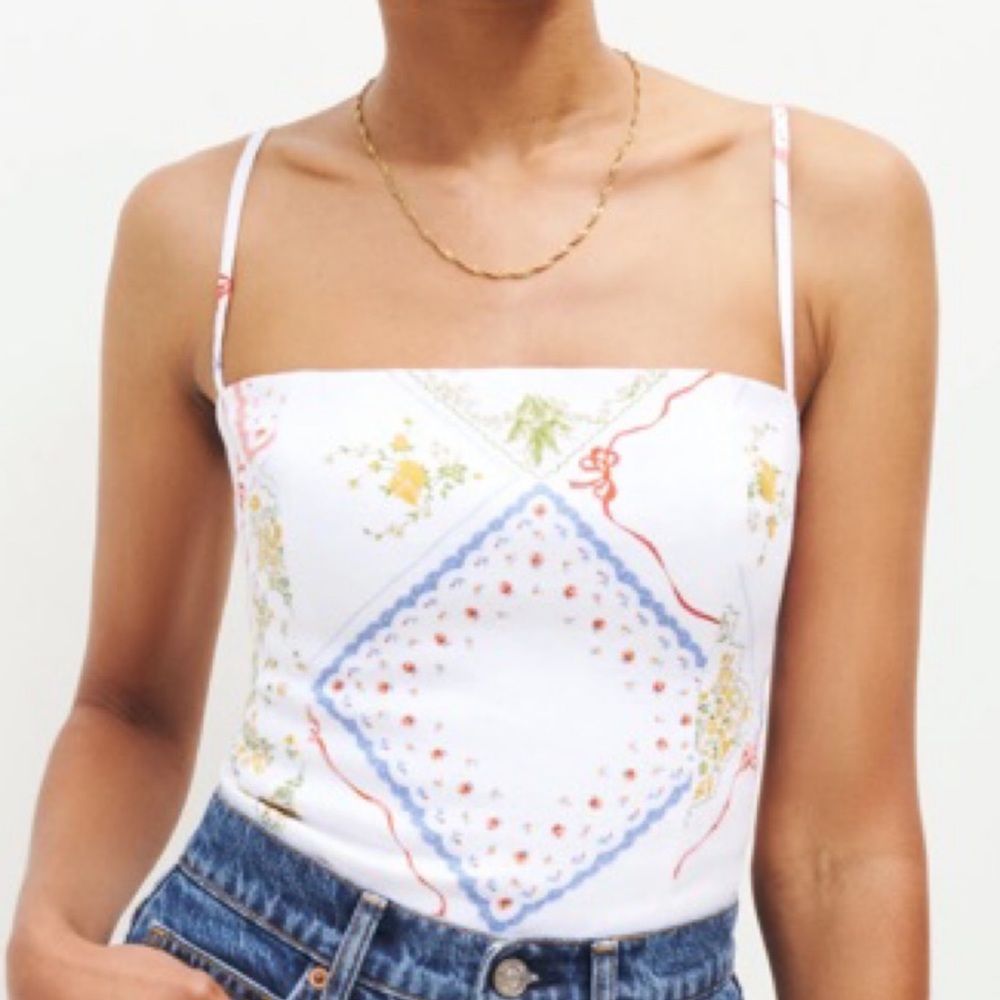 Reformation White Floral Camisole with Blue and Red Accents
